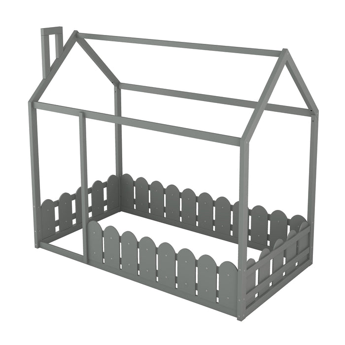 {Slats are not included}Twin Size Wood Bed House Bed Frame with Fence for Kids Teens Girls Boys {Gray}