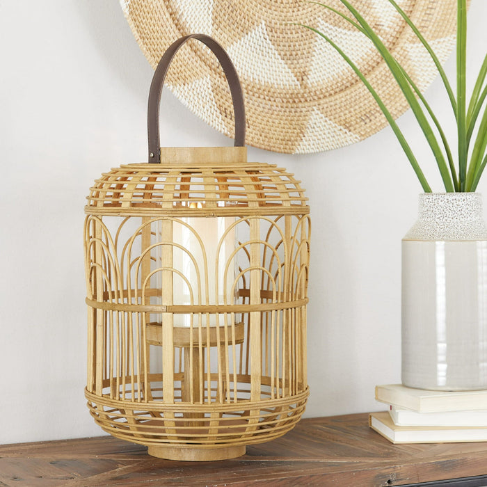 The Novogratz Brown Bamboo Handmade Decorative Candle Lantern with Handle