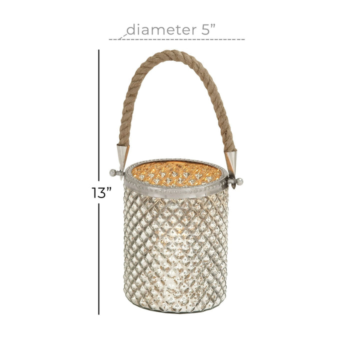 DecMode Silver Glass Handmade Decorative Candle Lantern with Rope Handle