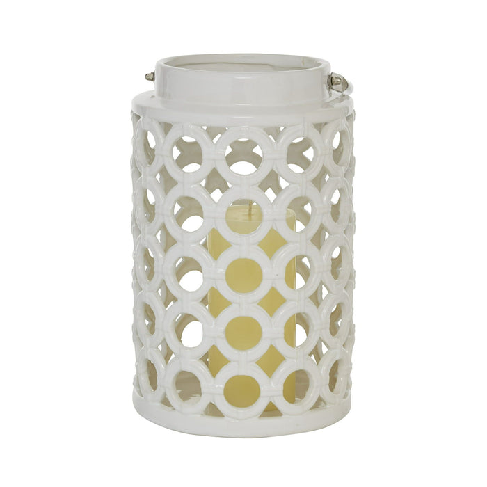 DecMode White Ceramic Circles Decorative Candle Lantern with Cut Out Design