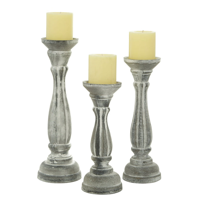 DecMode Traditional Gray Carved Wood Candle Holder with Whitewashed Finish, Set of 3 15", 13", 11"H