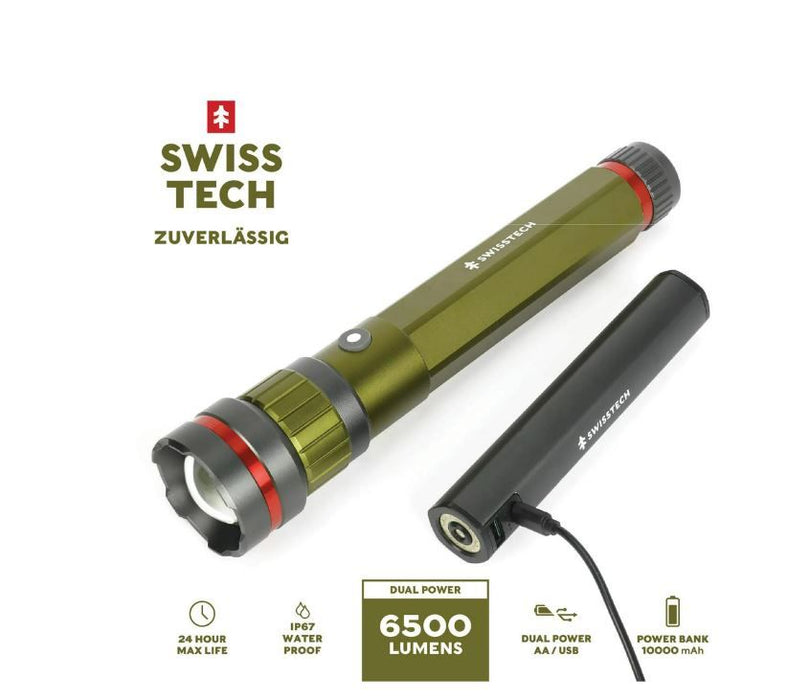 Swiss Tech 6500 Lumen LED Flashlight Rechargeable Dual Power AA/USB, Charging Bank, IP67 Waterproof