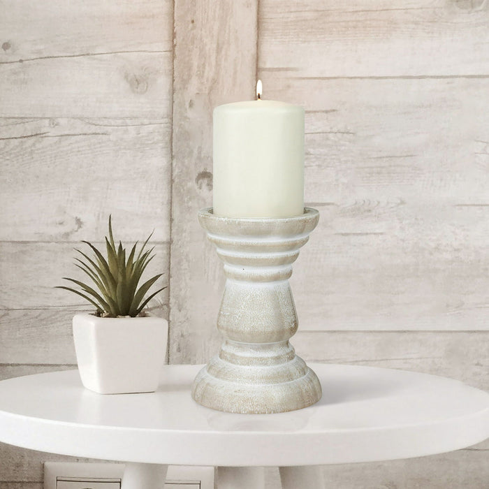 Stonebriar Tabletop 6" Coastal Wood Pillar Candle Holder, Off-White