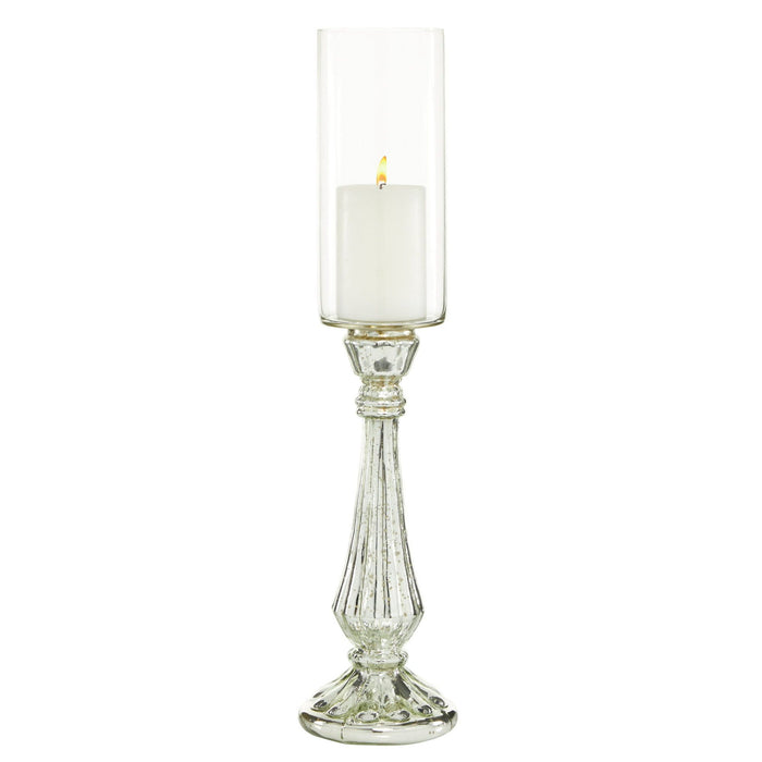 DecMode Silver Glass Handmade Turned Style Pillar Hurricane Lamp with Faux Mercury Glass Finish