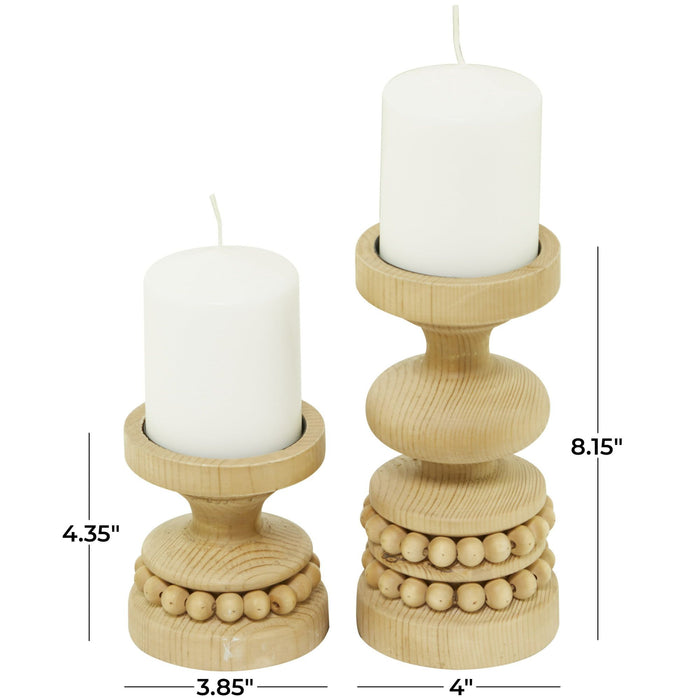 The Novogratz 2 Candle Brown Wood Beaded Pillar Candle Holder, Set of 2