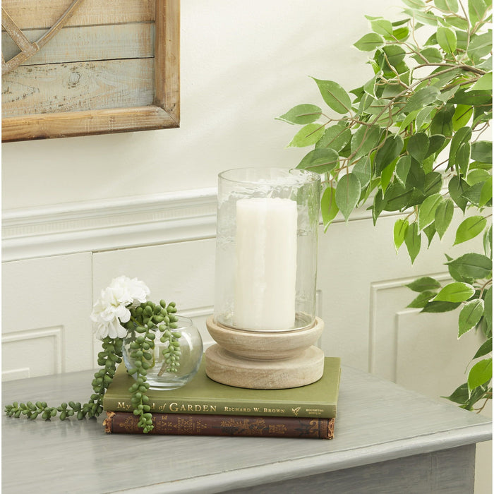 DecMode Cream Wood Single Candle Hurricane Lamp