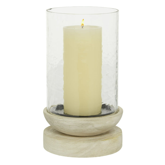 DecMode Cream Wood Single Candle Hurricane Lamp