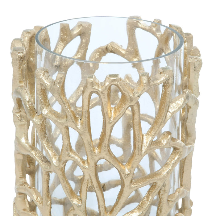 DecMode Gold Aluminum Decorative Candle Lantern with Coral Pattern