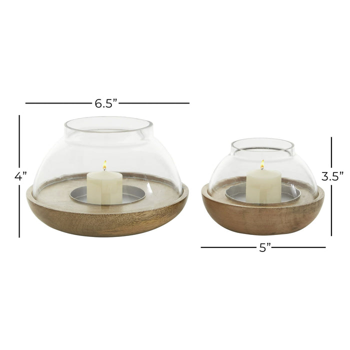 DecMode 2-Slot Brown Wood Tealight Hurricane Lamp, Set of 2