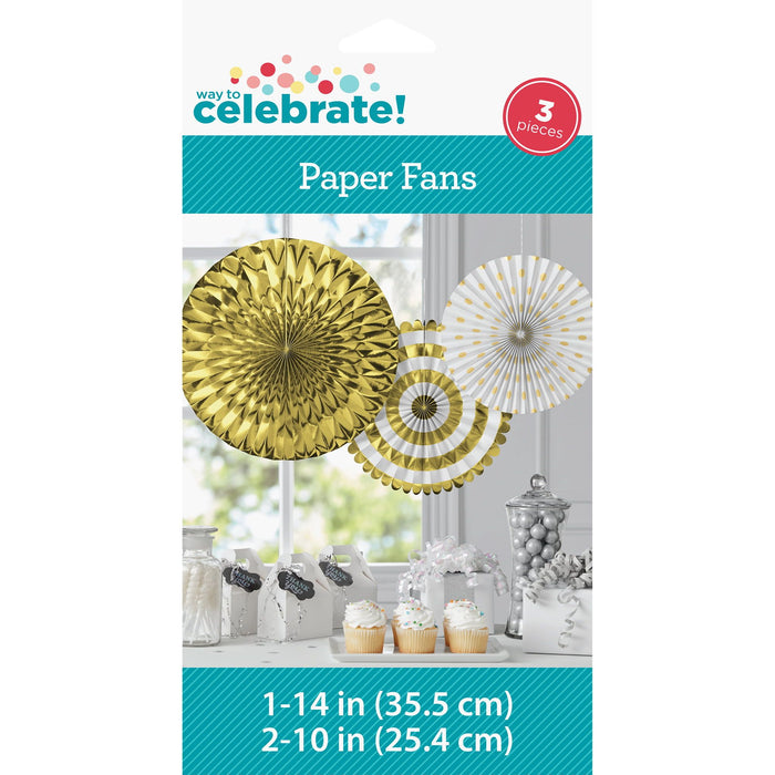 Way to Celebrate Gold and White Paper Foil Fans, 3ct , Adult Party Decorations