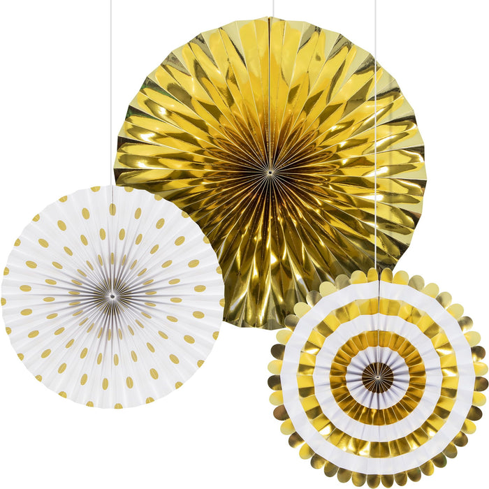 Way to Celebrate Gold and White Paper Foil Fans, 3ct , Adult Party Decorations