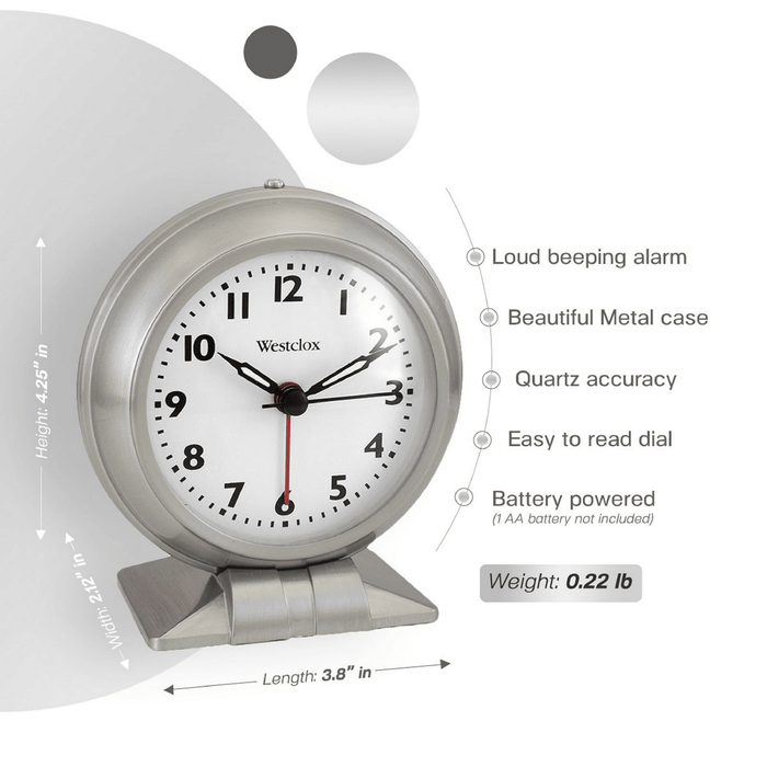 Westclox Silver Metal Analog Alarm Clock - Sleek and Elegant, with Precision Timekeepin