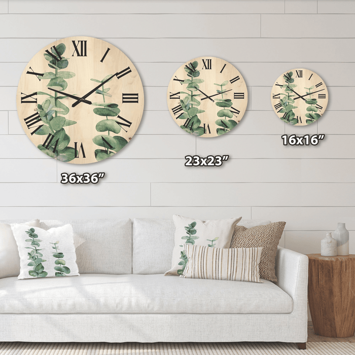 Designart 'Green Eucalyptus Branch' Tropical Wood Wall Clock(Size 16" x 16")