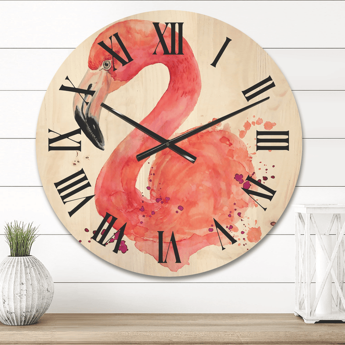 Designart 'Abstract Portrait of Pink Flamingo I' Farmhouse Wood Wall Clock(Size 16" x 16")