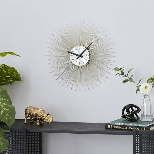 DecMode 19" Gold Metal Starburst Wall Clock with Black Accents