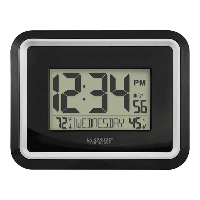 La Crosse Technology Black Modern Atomic Digital Clock with Temp and Calendar, BBB84022