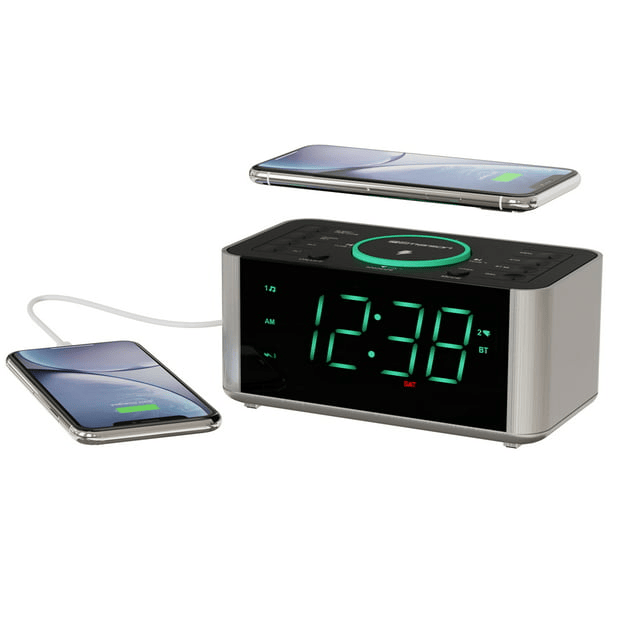 Emerson Alarm Clock Radio and Wireless Charger with Bluetooth, Compatible with iPhone XS Max/XR/XS/X/8/Plus, 10W Galaxy S10/Plus/S10E/S9, All Qi Compatible Phones, ER100202