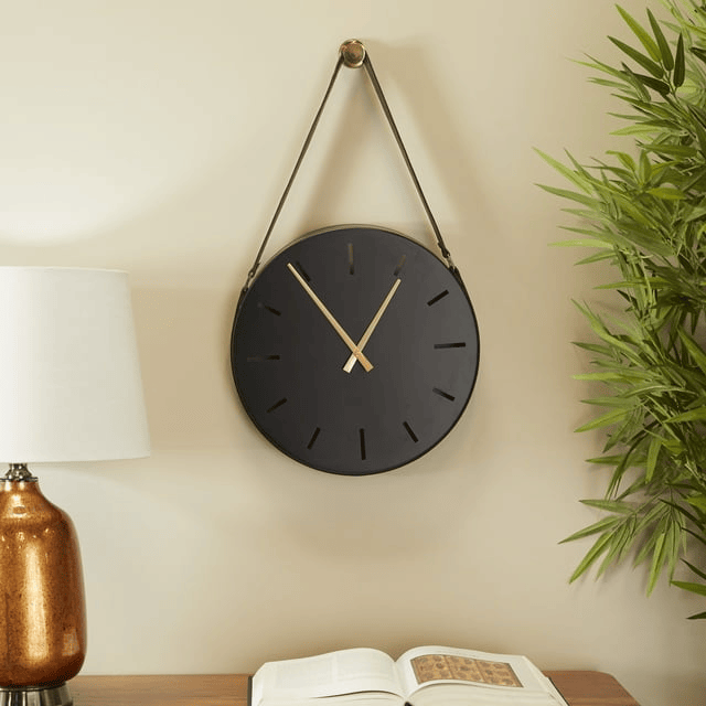 DecMode 16" Black Stainless Steel Wall Clock with Leather Hanging Straps