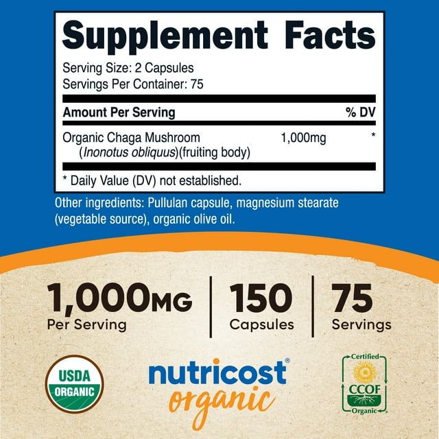 Nutricost Chaga Mushroom Capsules 1000mg, 75 Servings, 150 Capsules- Supplement