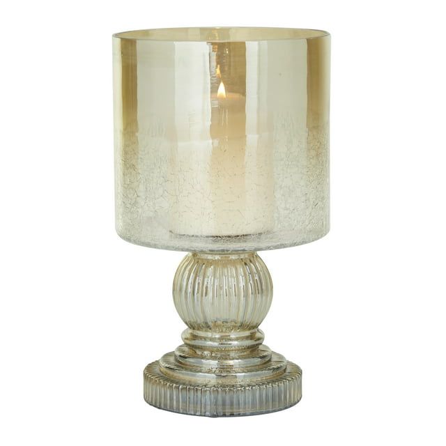 DecMode Brass Glass Handmade Turned Style Pillar Hurricane Lamp with Faux Mercury Glass Finish