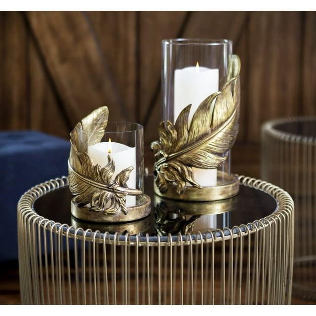 DecMode Gold Glass Bird Feather Pillar Hurricane Lamp