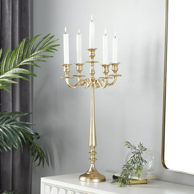 DecMode Traditional Five Tulip Shaped Candelabra Style Candle Holder, 13"W x 24"H with Aluminum Gold Polished Finish