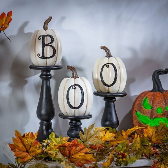 Gerson Set of three resin/stone lettered white pumpkins on candleholders, large is 17.52-in