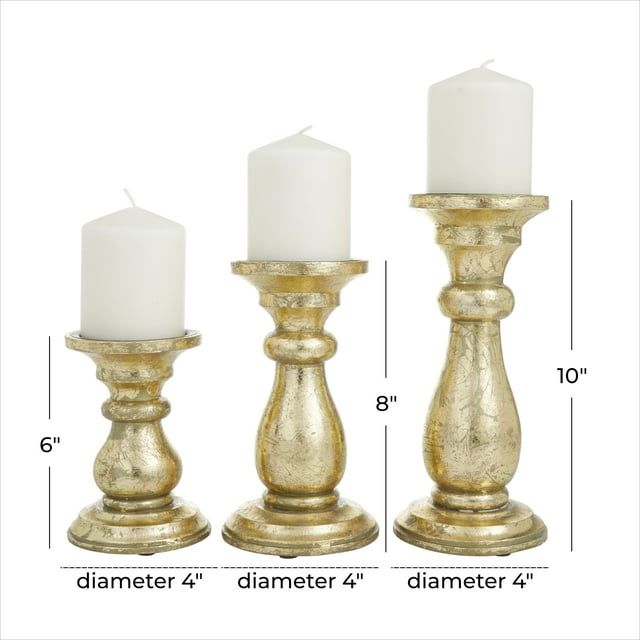 DecMode 3 Candle Gold Mango Wood Turned Style Pillar Candle Holder, Set of 3