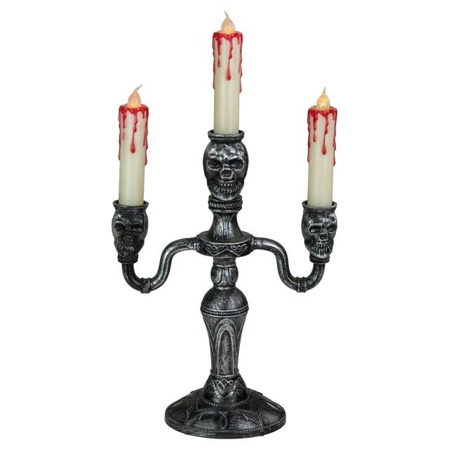 13.75" Antique Silver Skull Trio Halloween Candelabra