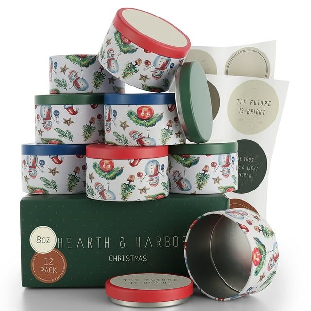 Hearth & Harbor 8 Oz, 12 Pack Christmas DIY Candle Containers with Lids - Tin Candle Jars for Making Candles - Metal Candle Jars - Bulk Tins Storage for Candle