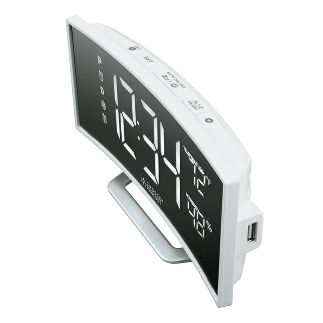 La Crosse Technology Curved Mirrored LED White Corded Electric Alarm Clock with USB, 602-249