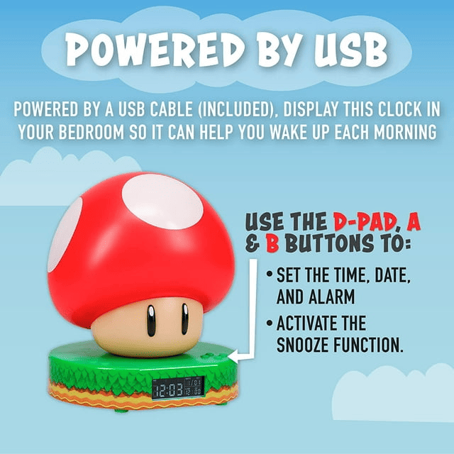 Paladone Super Mario Bros Mushroom Digital Alarm Clock with Power Up Sound Nintendo Room D¨¦cor and Merchandise