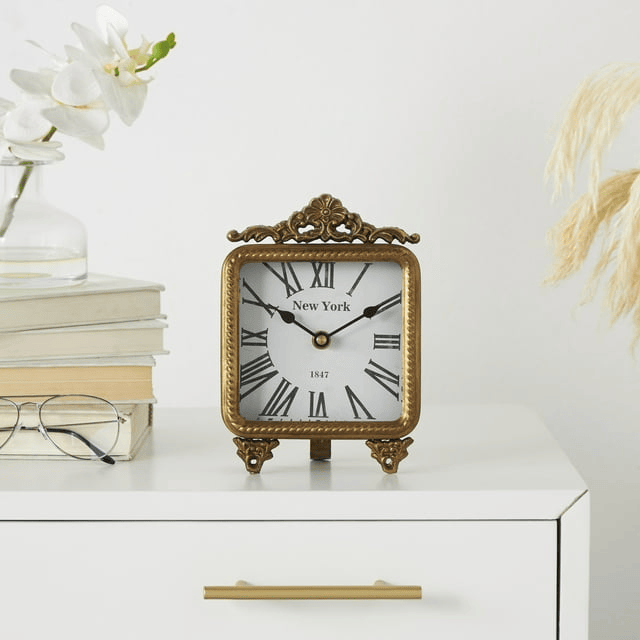 DecMode 8" Gold Metal Scroll Antique Style Clock