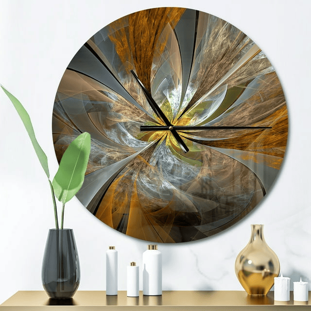 Designart 'Symmetrical Yellow Fractal Flower' Metal Wall Clock(Size 23" x 23")