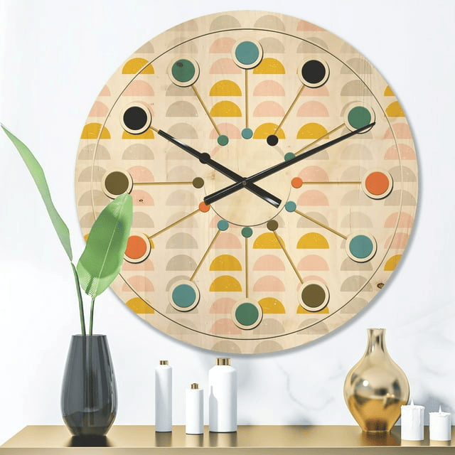 Designart 'Pastel Circular Retro Pattern III' Mid-Century Modern Wood Wall Clock(Size 16" x 16")