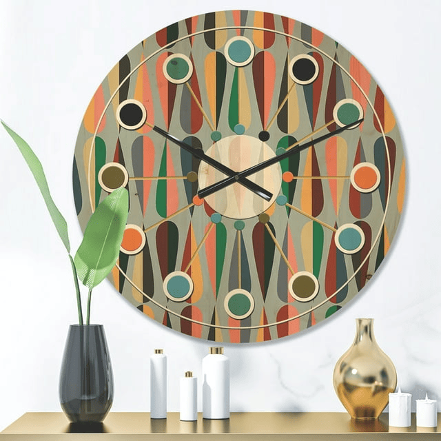 Designart 'Abstract Retro Drops IX' Mid-Century Modern Wood Wall Clock(Size 16" x 16")