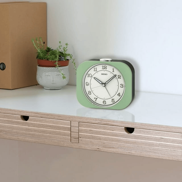 Seiko 4 inch Kyoda Beep Alarm Metallic Green Mid-Century Modern Analog Quartz Desk Clock QHE195MLH