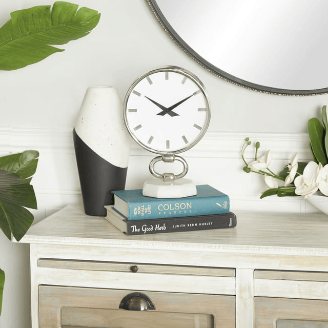 DecMode 12" Silver Stainless Steel Clock with Marble Base