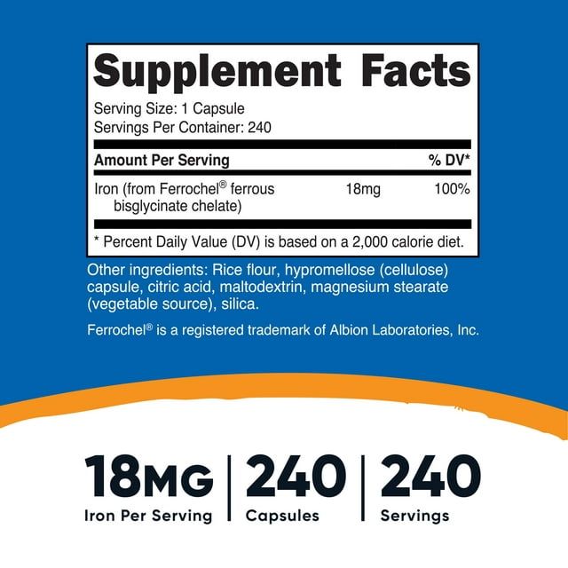 Nutricost Iron Supplement from Ferrochel Ferrous Bisglycinate Chelate, 18mg, 240 Capsules