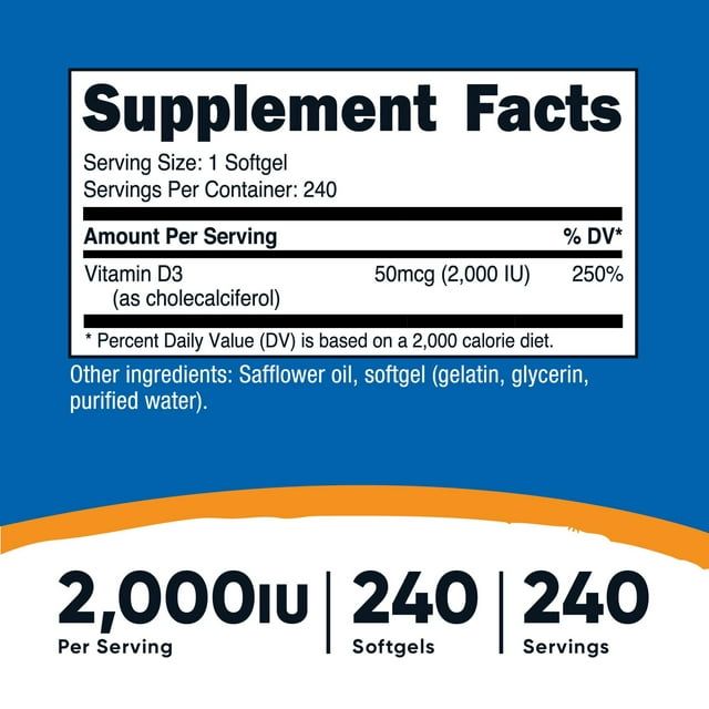 Nutricost Vitamin D3 2000 IU Softgels, 240 Softgels, Non-GMO & Gluten Free Supplement