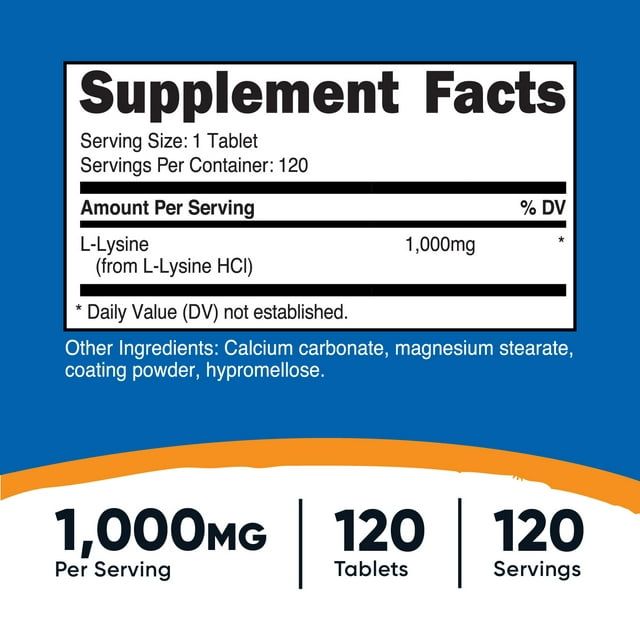 Nutricost L-Lysine 1000mg, 120 Tablets - Gluten Free & Non-GMO Amino Acid Supplement