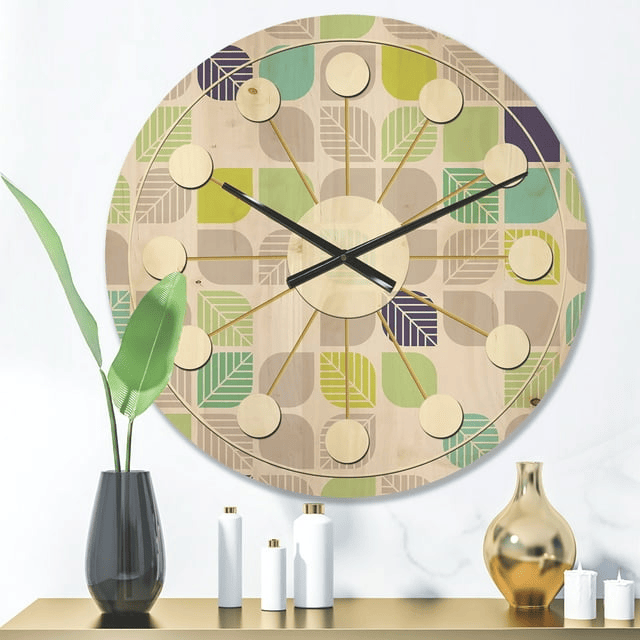 Designart 'Leaves With Geometric Pattern' Mid-Century Modern Wood Wall Clock(Size 23" x 23")