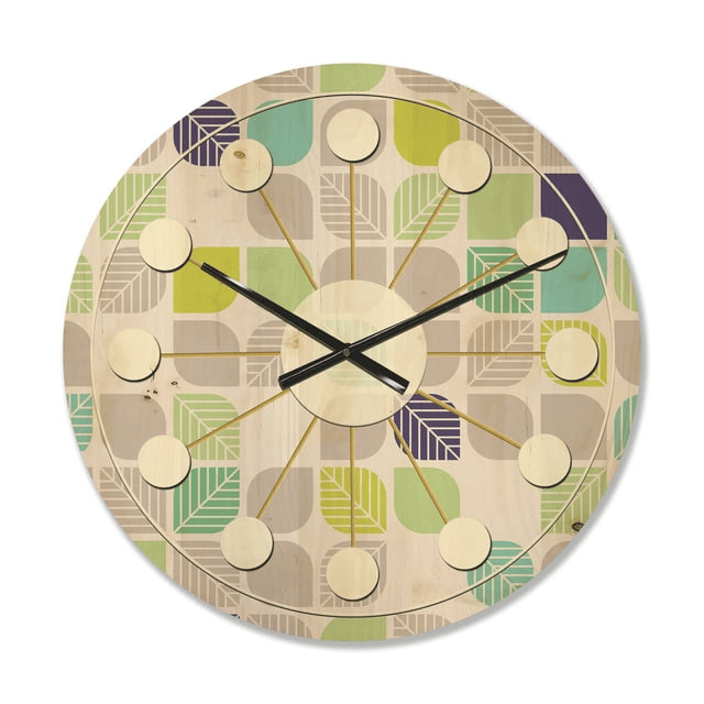 Designart 'Leaves With Geometric Pattern' Mid-Century Modern Wood Wall Clock(Size 23" x 23")