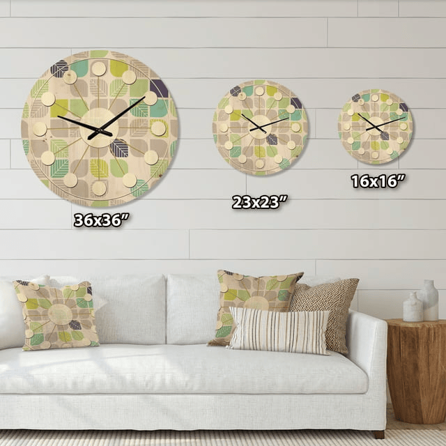 Designart 'Leaves With Geometric Pattern' Mid-Century Modern Wood Wall Clock(Size 23" x 23")