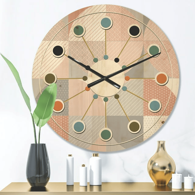 Designart 'Geometric Round Textured Pattern' Mid-Century Modern Wood Wall Clock(Size 16" x 16")