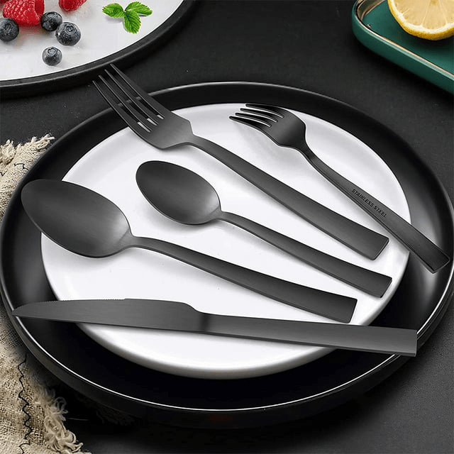 VeSteel 40-Piece Matte Black Silverware Set, Stainless Steel Flatware Set Service for 8, Metal Cutlery Eating Utensils Tableware Includes Forks/Spoons/Knives, Square Edge & Dishwasher Safe