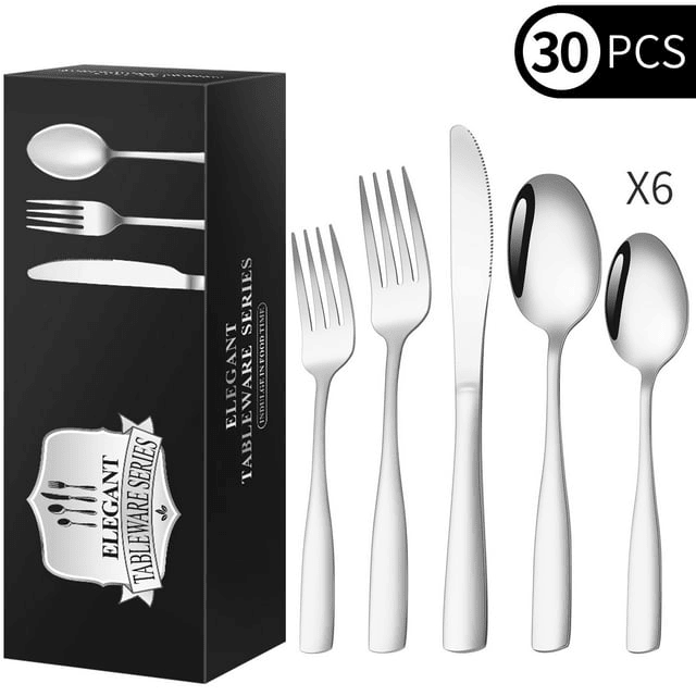 30 Piece Silverware Set for 6, TINANA Stainless Steel Flatware Set,Mirror Polished Cutlery Utensil Set,Durable Home Kitchen Eating Tableware Set, Fork Knife Spoon Set,Dishwasher Safe