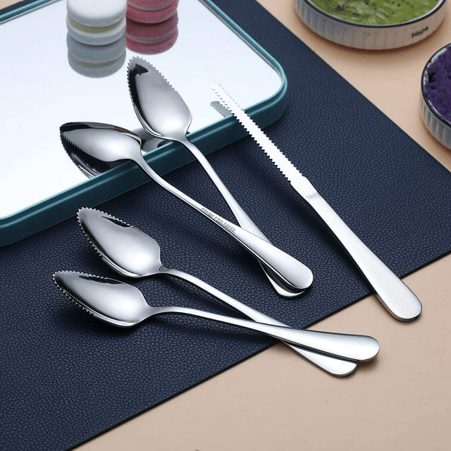 ReaNea Silver Grapefruit Spoon Stainless Steel Cutlery Set of 5, Serrated Edge Grapefruit Knife