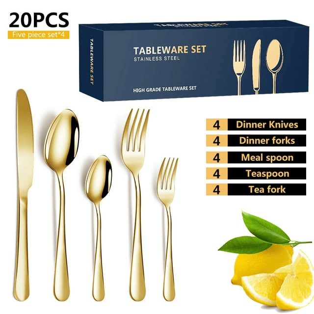 Golden Silverware Set 20 Pieces Stainless Steel Flatware Set, Kitchen Utensil Set Service for 5, Tableware Cutlery Set for Home & Restaurant, Dishwasher Safe