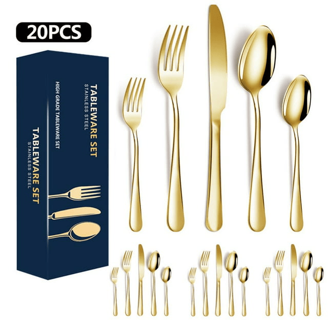 Golden Silverware Set 20 Pieces Stainless Steel Flatware Set, Kitchen Utensil Set Service for 5, Tableware Cutlery Set for Home & Restaurant, Dishwasher Safe